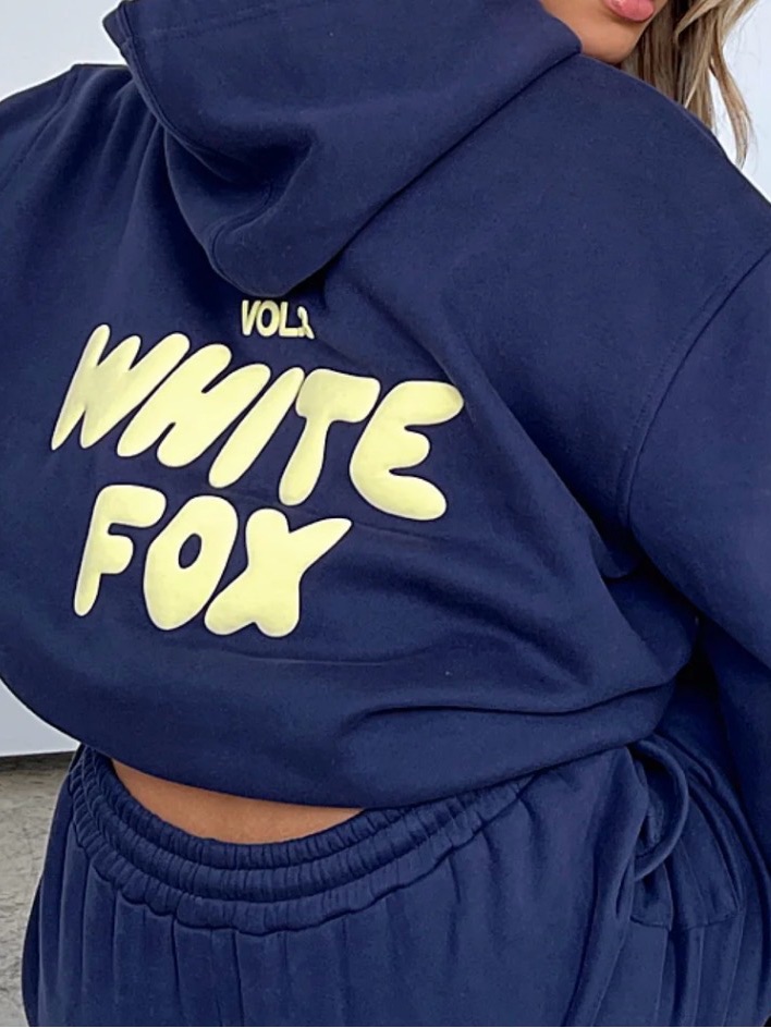 Navy Cropped Hoodie With Pale Yellow Logo-